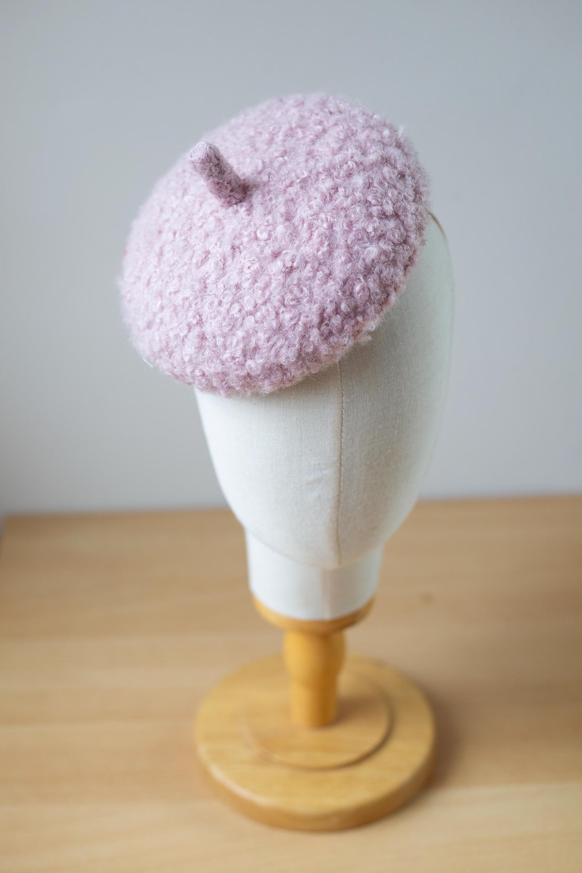 Pastel Lilac Button Hat, Boiled Wool Beret Fascinator, Autumn Winter Couture Millinery Headpiece, Small Formal Cocktail Hat for Women