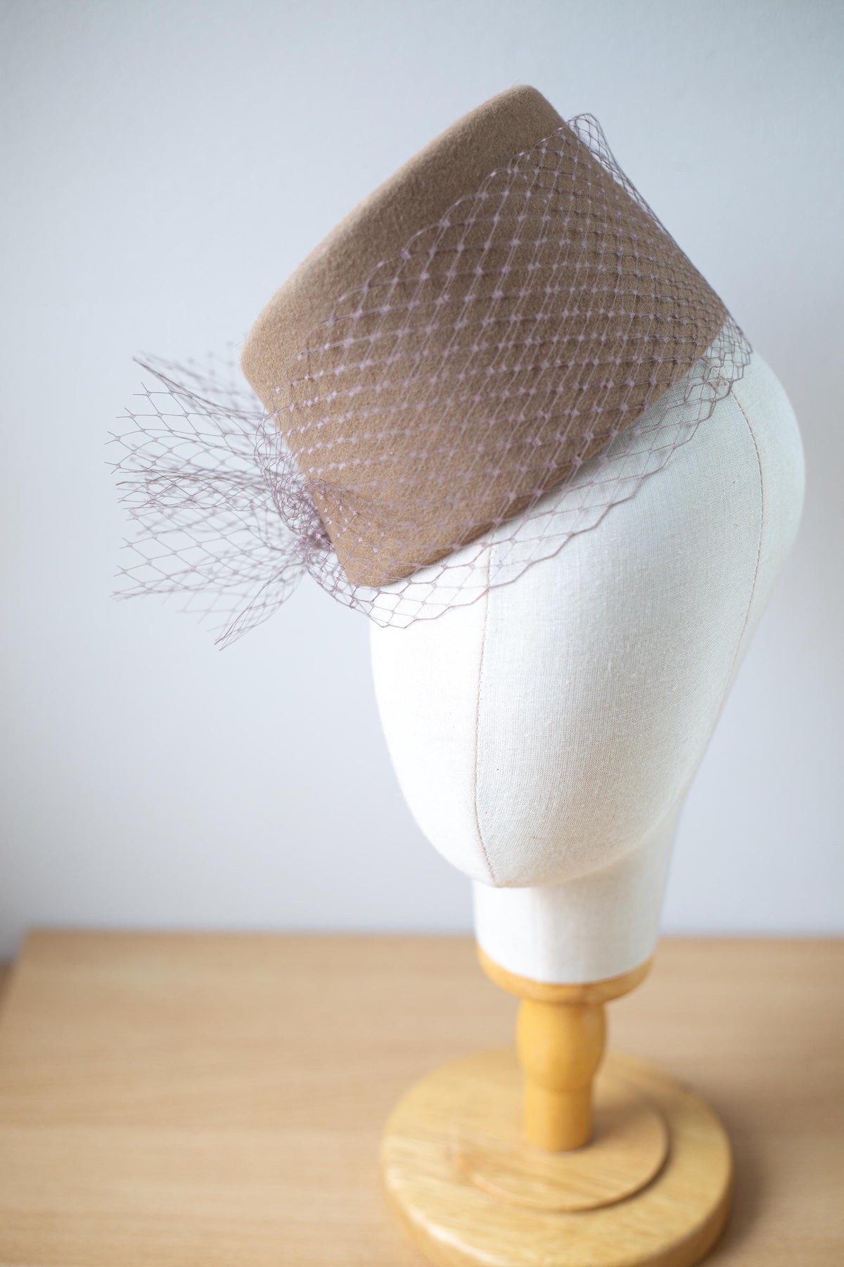 Fashion Hat with netting, Asymmetrical Toque, Dented Fez Wool Felt Hat, Couture Millinery Headpiece