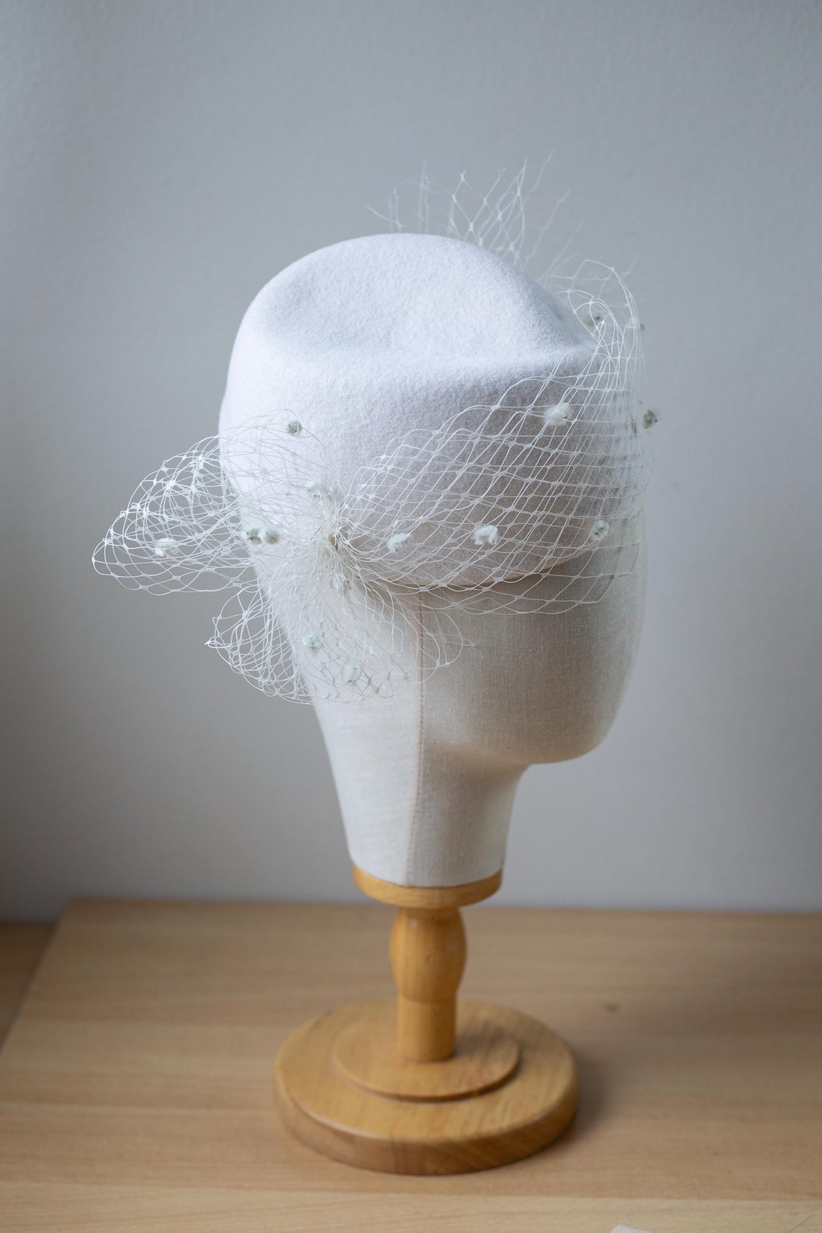 Bridal Pillbox Hat with Veiling and Chenille Dots, Fashion Pillbox, Civil Ceremony Hat, City Hall or Courthouse Wedding Hat