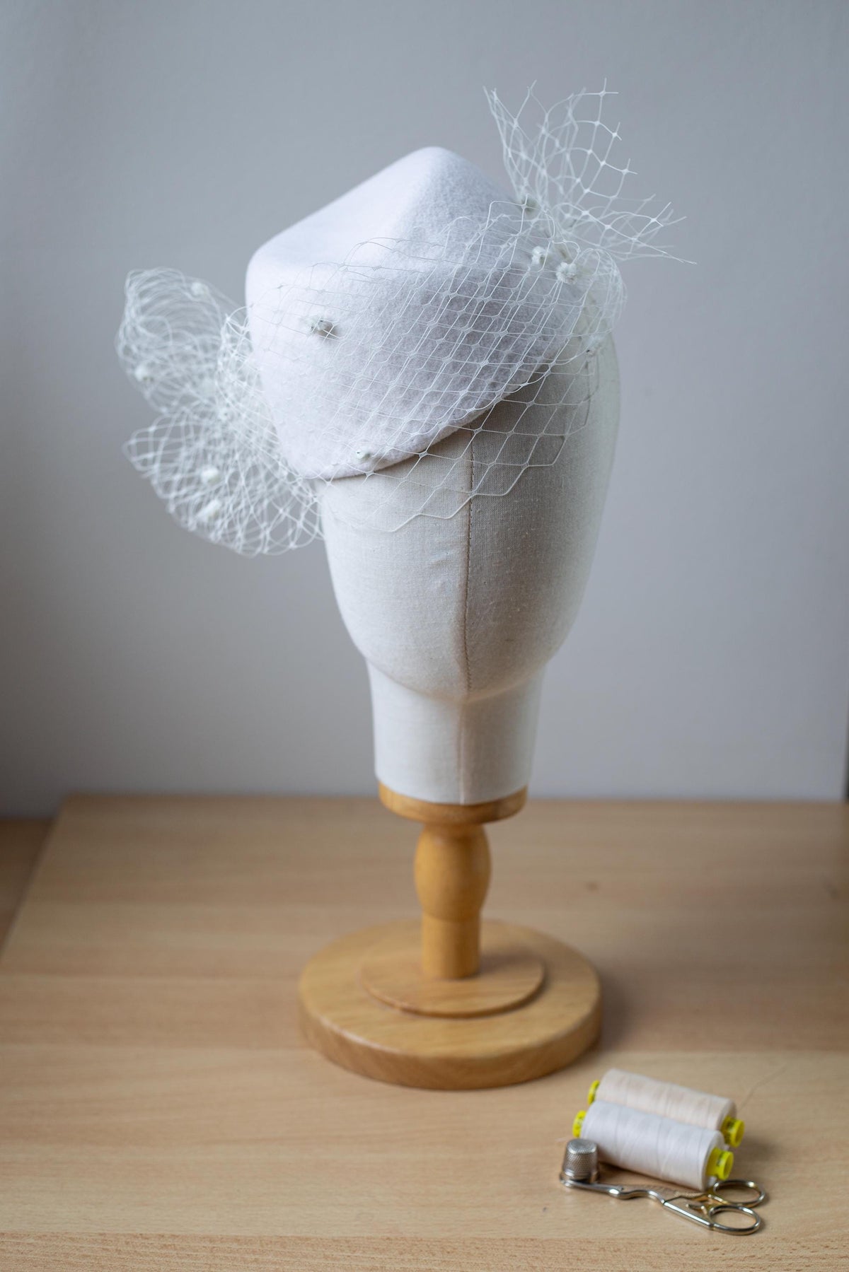 Bridal Pillbox Hat with Veiling and Chenille Dots, Fashion Pillbox, Civil Ceremony Hat, City Hall or Courthouse Wedding Hat