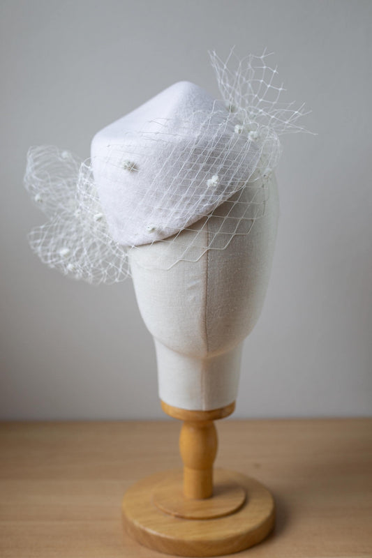 Bridal Pillbox Hat with Veiling and Chenille Dots, Fashion Pillbox, Civil Ceremony Hat, City Hall or Courthouse Wedding Hat