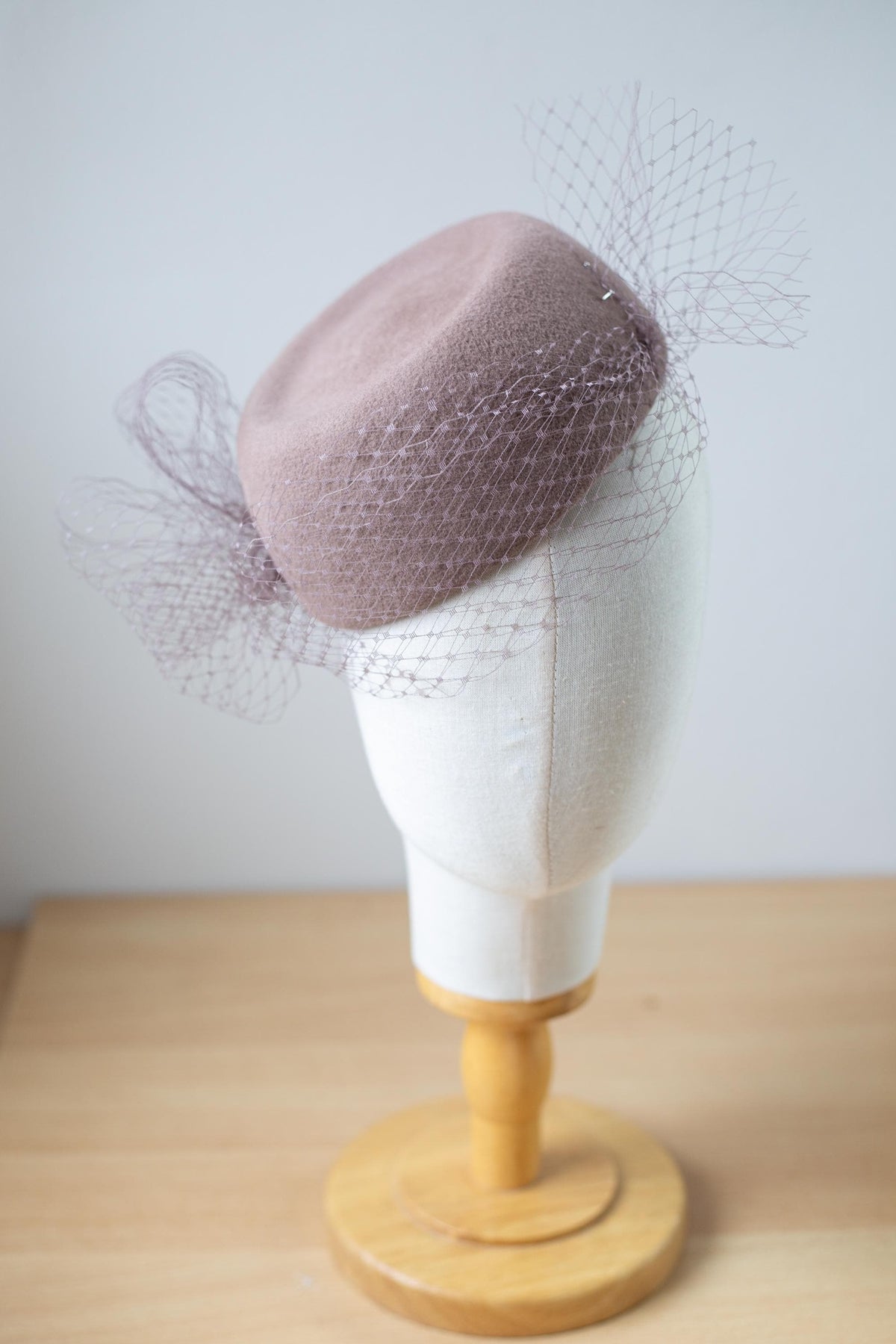 Taupe Pillbox with fine netting, elegant winter beret hat, Fashion Premium Felt Hat, Couture Millinery Headpiece