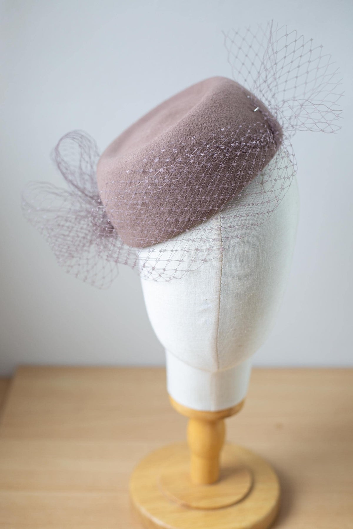 Taupe Pillbox with fine netting, elegant winter beret hat, Fashion Premium Felt Hat, Couture Millinery Headpiece