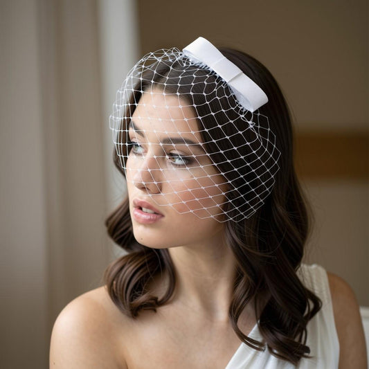 Audrey Hepburn Bridal Bow Birdcage Veil, Short Blusher Wedding Veil, Vintage Bridal Headpiece, Civil Ceremony Veil, White Ivory Blue Veil