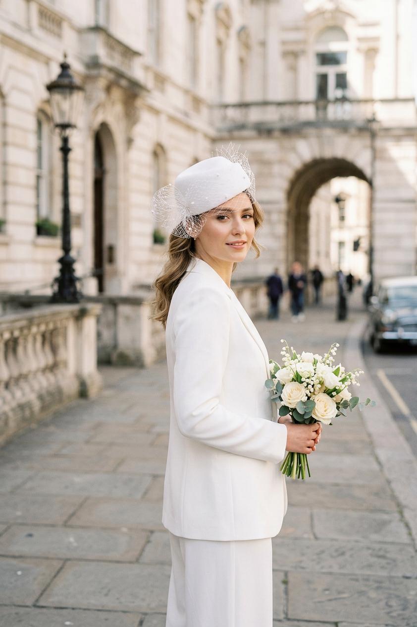 Bridal Pillbox Hat with Veil, Modern Wedding Hat, Veiled Pillbox Headpiece, Civil Ceremony Hat, City Hall Bride, Couture Bridal Accessory