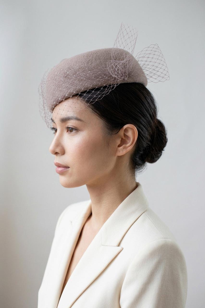 Taupe Pillbox with fine netting, elegant winter beret hat, Fashion Premium Felt Hat, Couture Millinery Headpiece