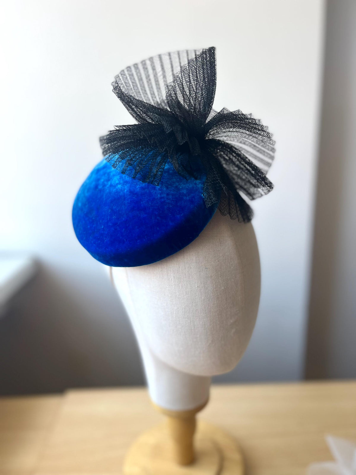 Mother of the Bride Hat, Electric Blue Silk Velvet Pillbox Hat, Blue Wedding Headpiece, Crinoline Trim, Wedding Guest Hat, Fascinator