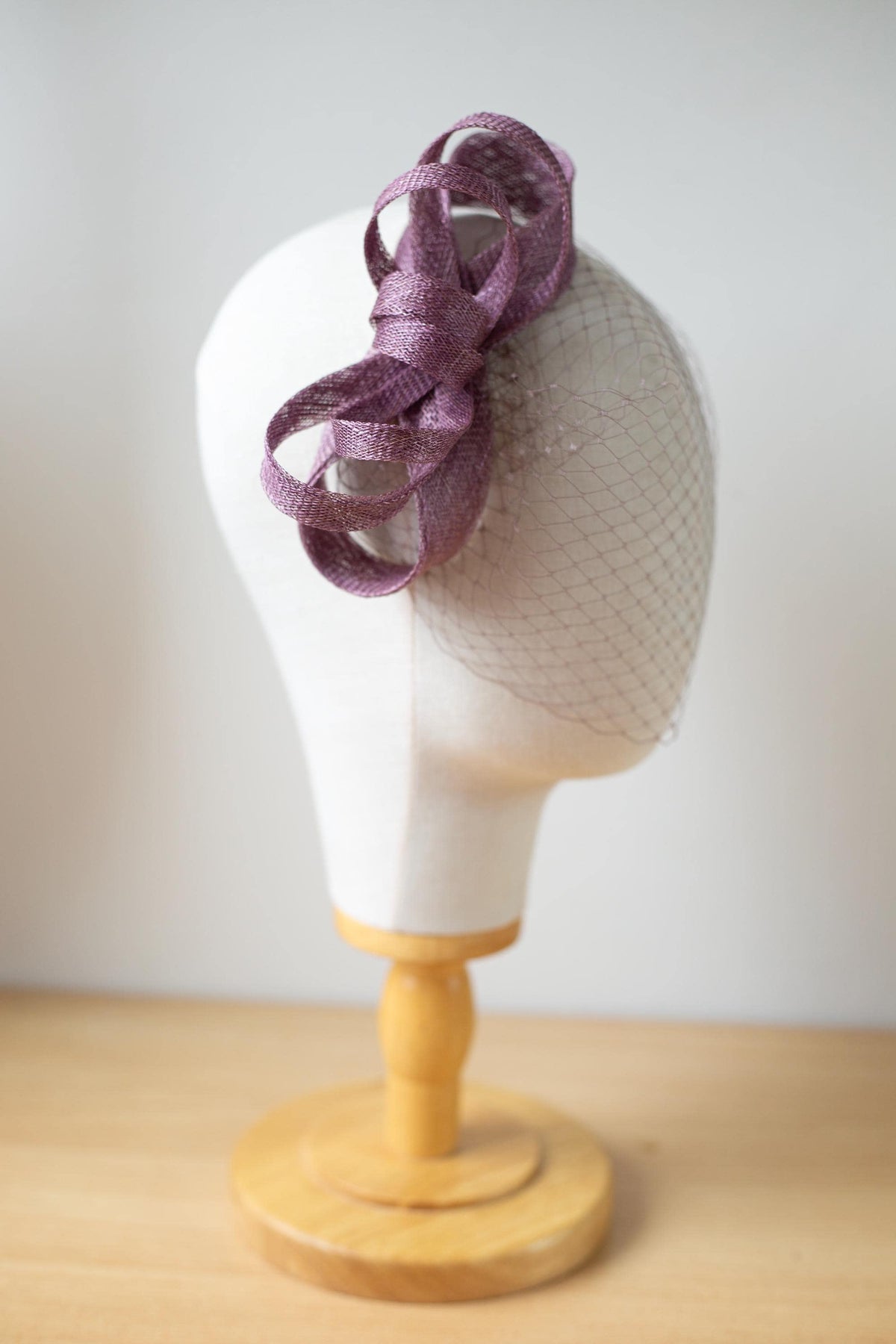 Bow Fascinator with Birdcage Veil in Mauve Taupe, Wedding Guest Hat, Mother of the Bride Headpiece