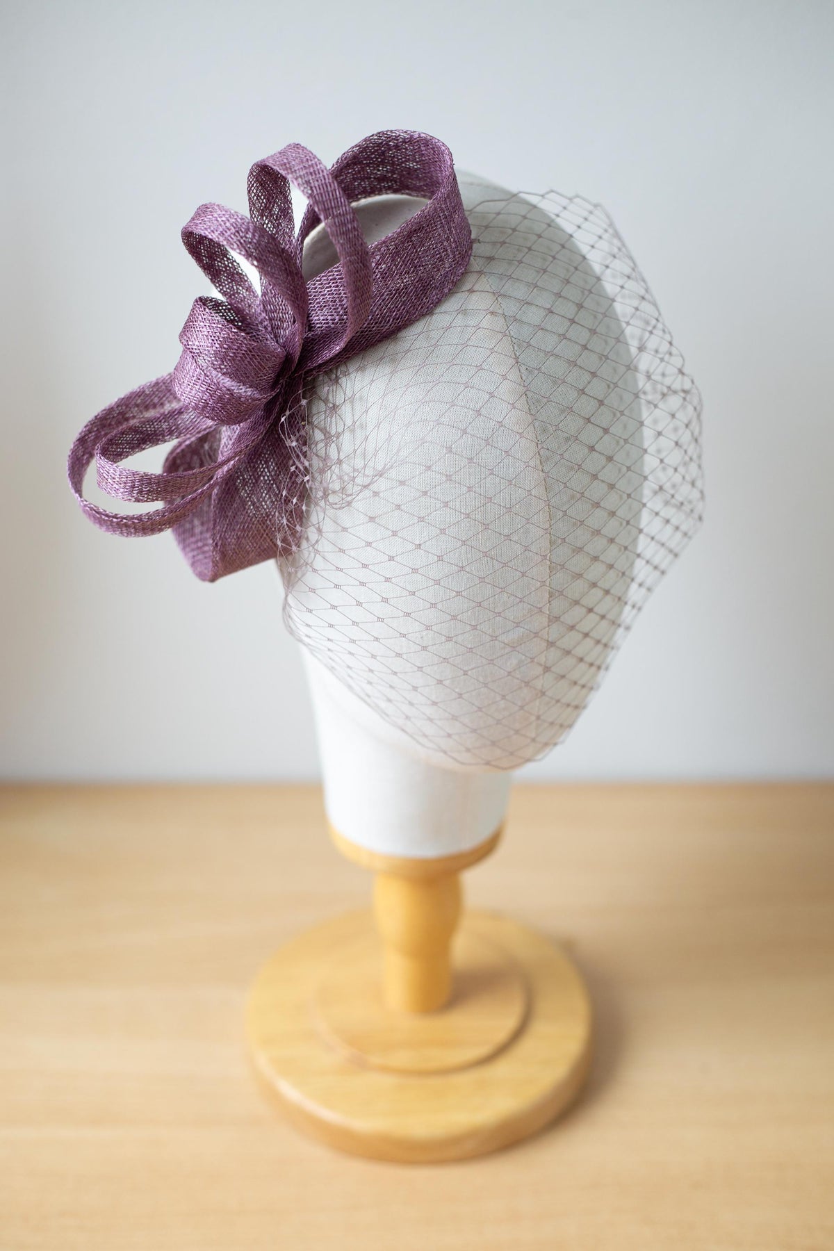 Bow Fascinator with Birdcage Veil in Mauve Taupe, Wedding Guest Hat, Mother of the Bride Headpiece