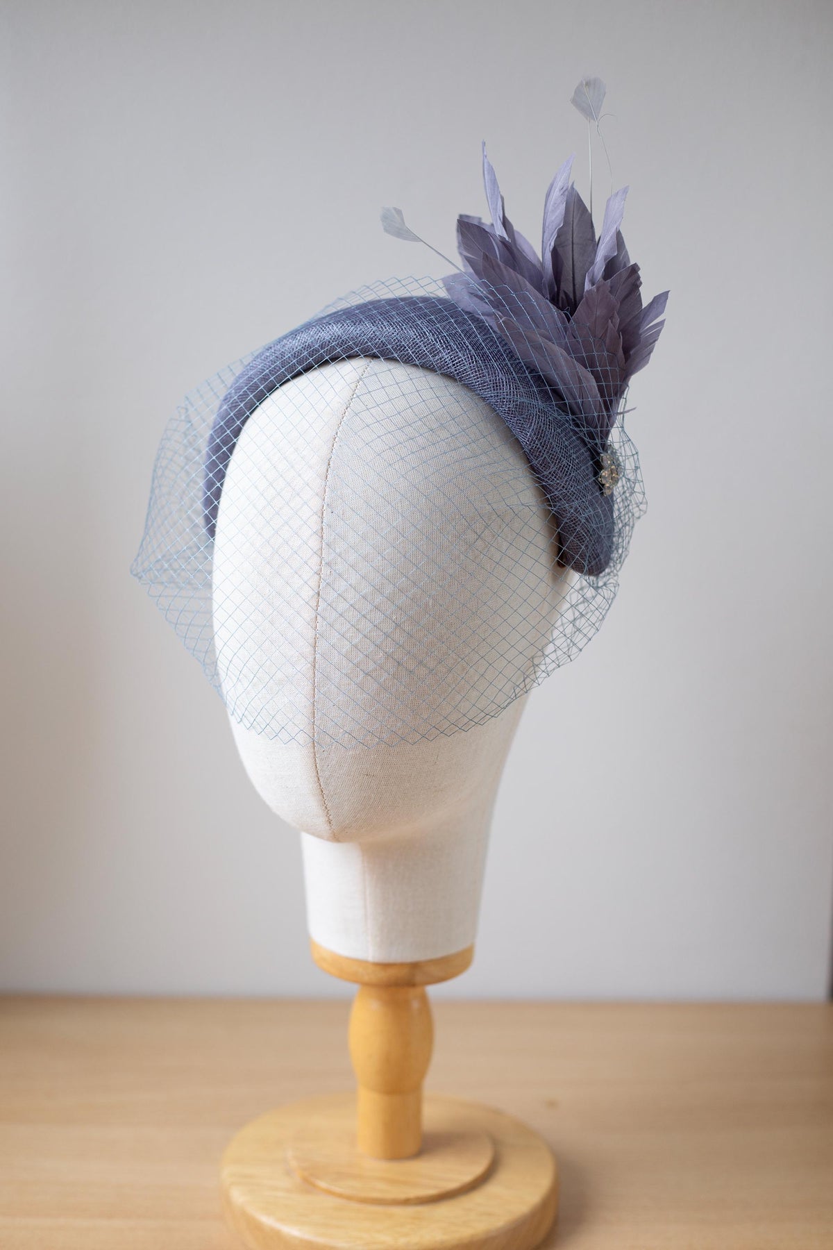 Steel Blue Moon Headband with Rare Vintage Netting Veil – Wedding Guest Wide Headpiece, Vintage Inspired Couture Fascinator