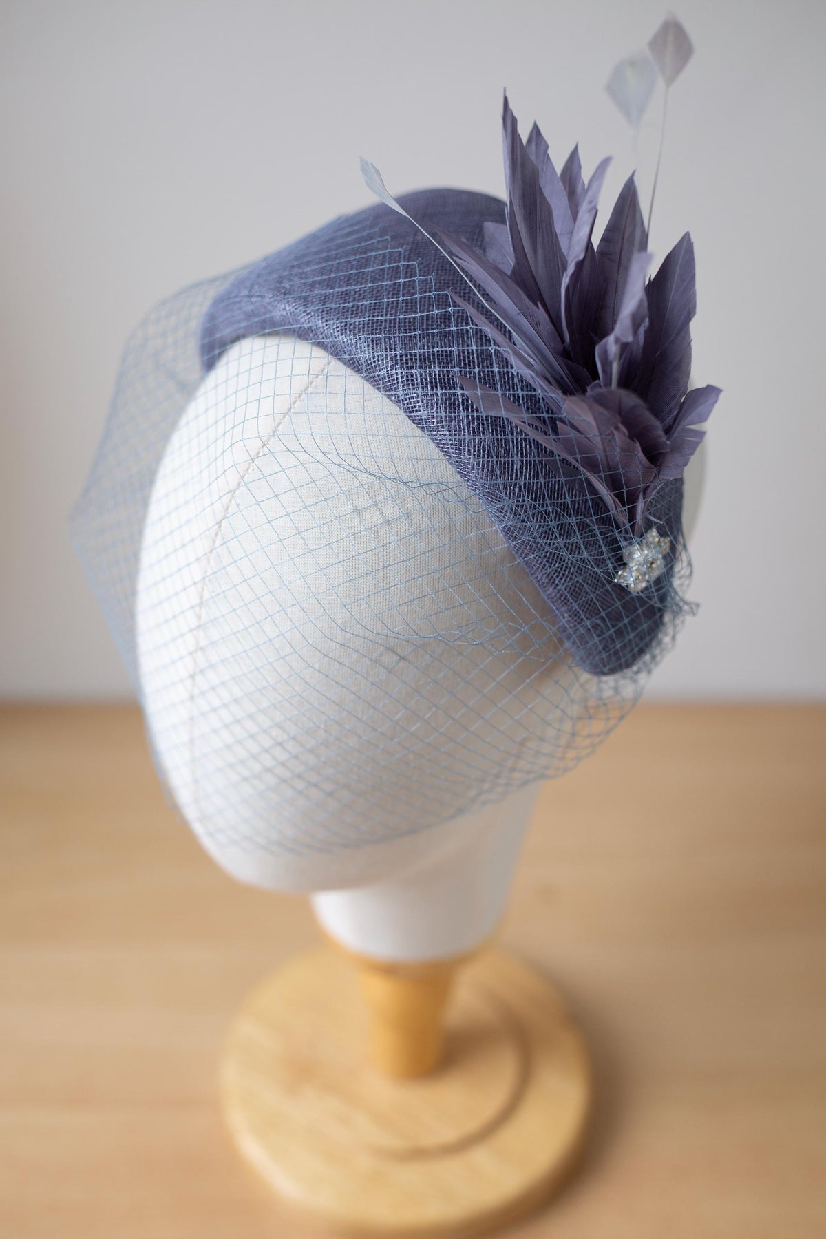 Steel Blue Moon Headband with Rare Vintage Netting Veil – Wedding Guest Wide Headpiece, Vintage Inspired Couture Fascinator
