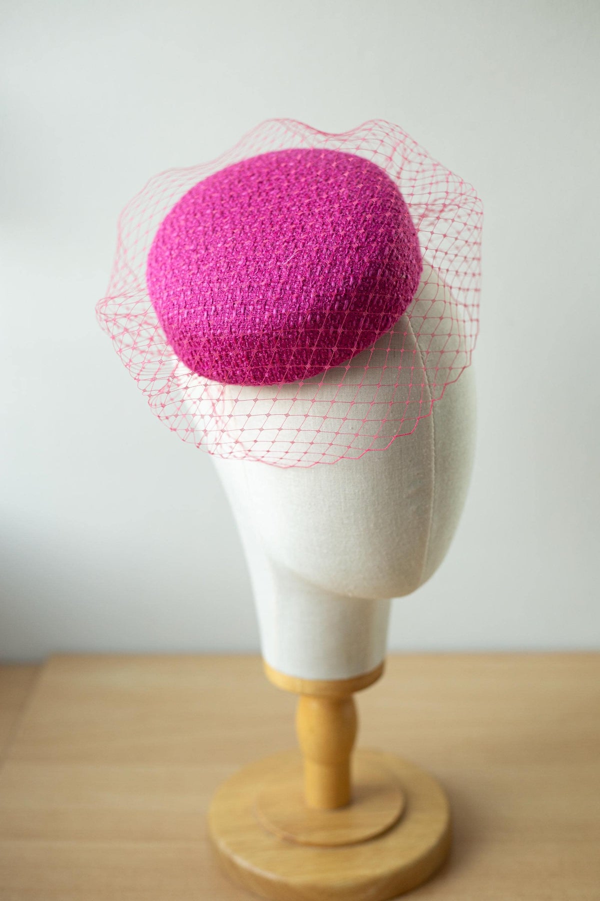 Pink Tweed Pillbox Hat with Removable Birdcage Veil – Statement Winter Hat, Elegant Occasion Hat, Couture Millinery Fascinator