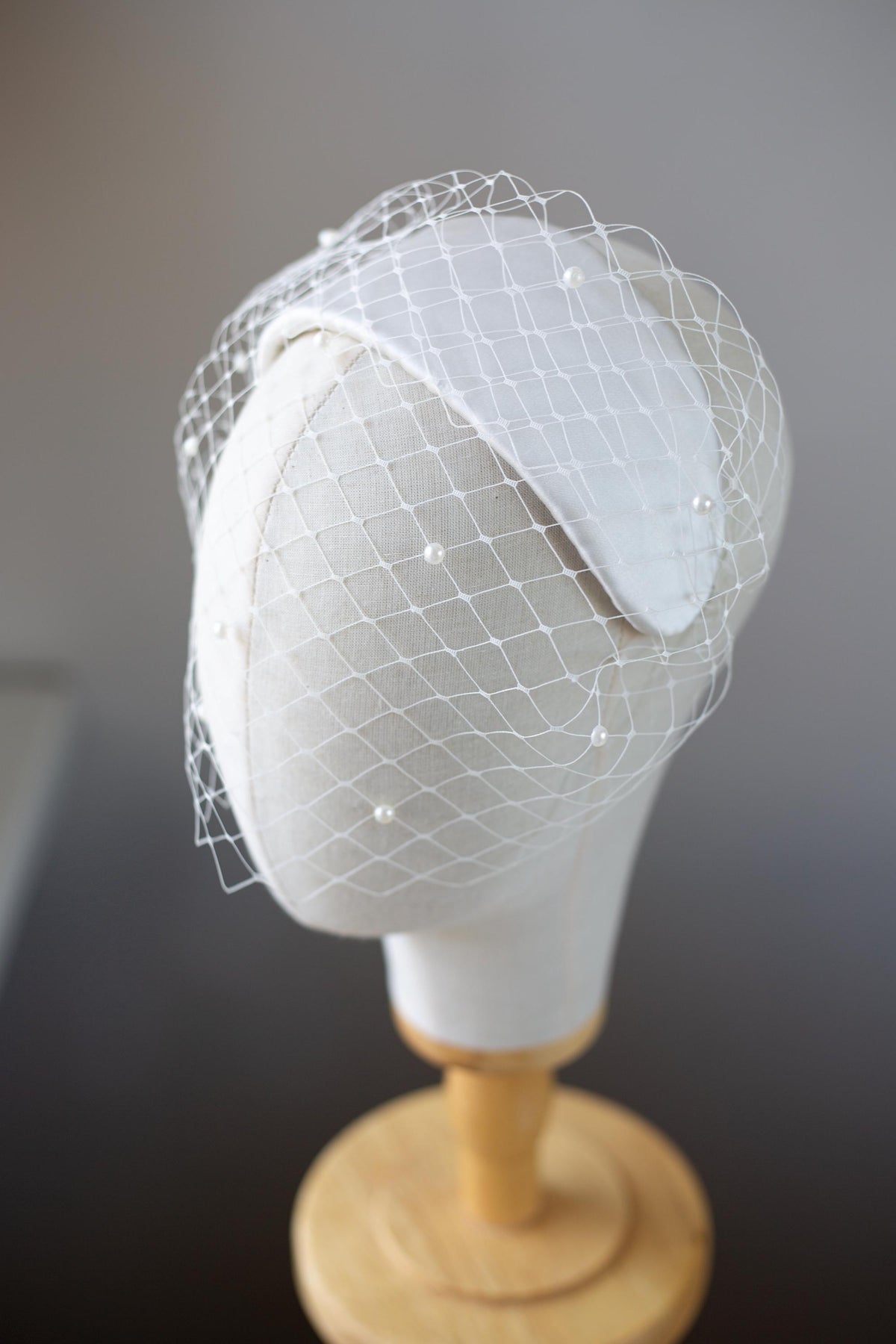 Bridal Headpiece in white Silk Satin with Birdcage, Wedding Satin Petals Headband and Veil, Formal Event veiled Fascinator