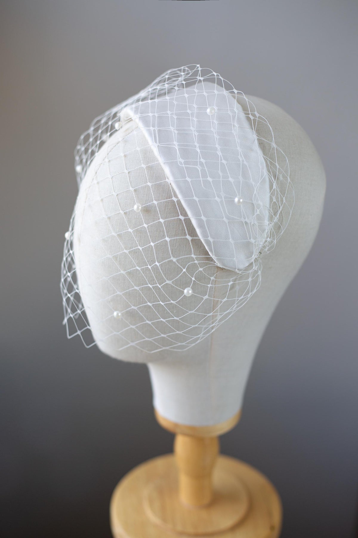 Bridal Headpiece in white Silk Satin with Birdcage, Wedding Satin Petals Headband and Veil, Formal Event veiled Fascinator