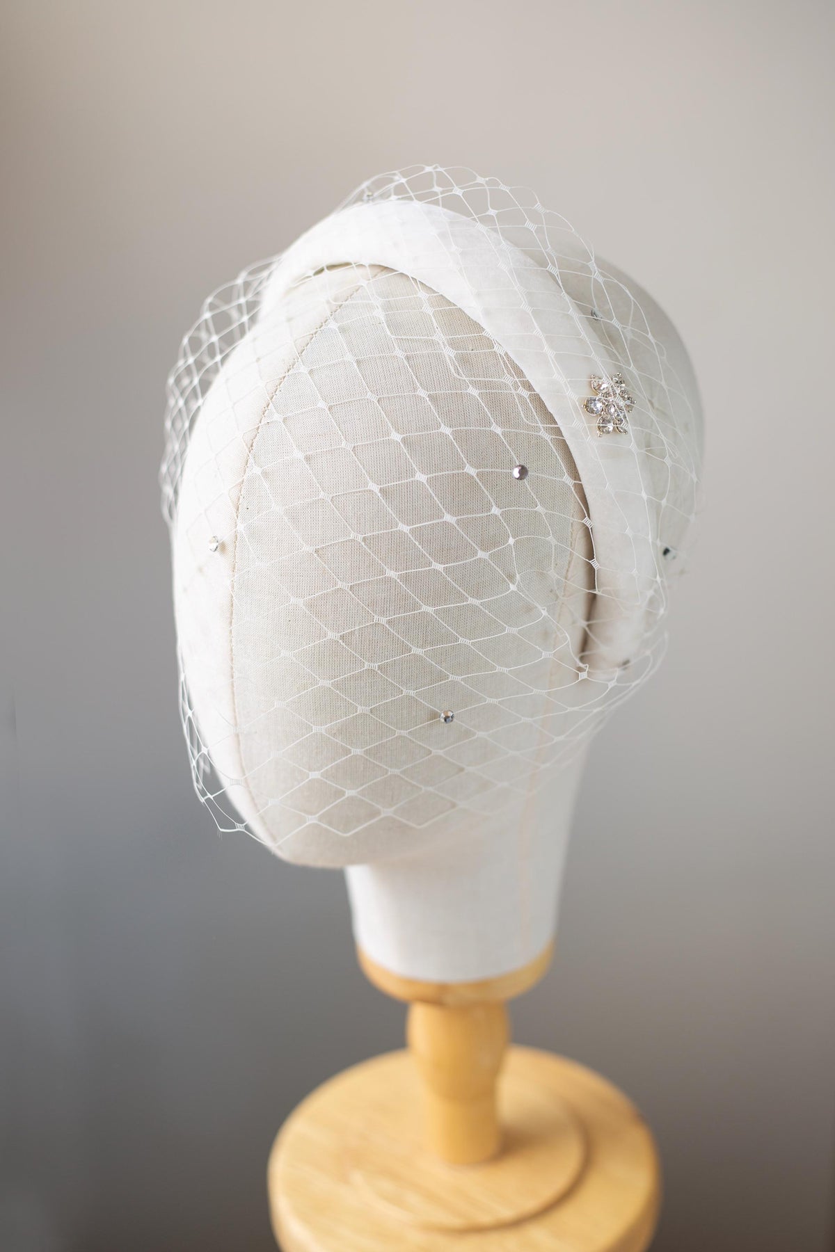 Winter Bridal Headband in Silk Velvet, Ivory Birdcage Veil with Scattered Rhinestones, Snowfall Rhinestone Brooch, Winter Wedding Fascinator