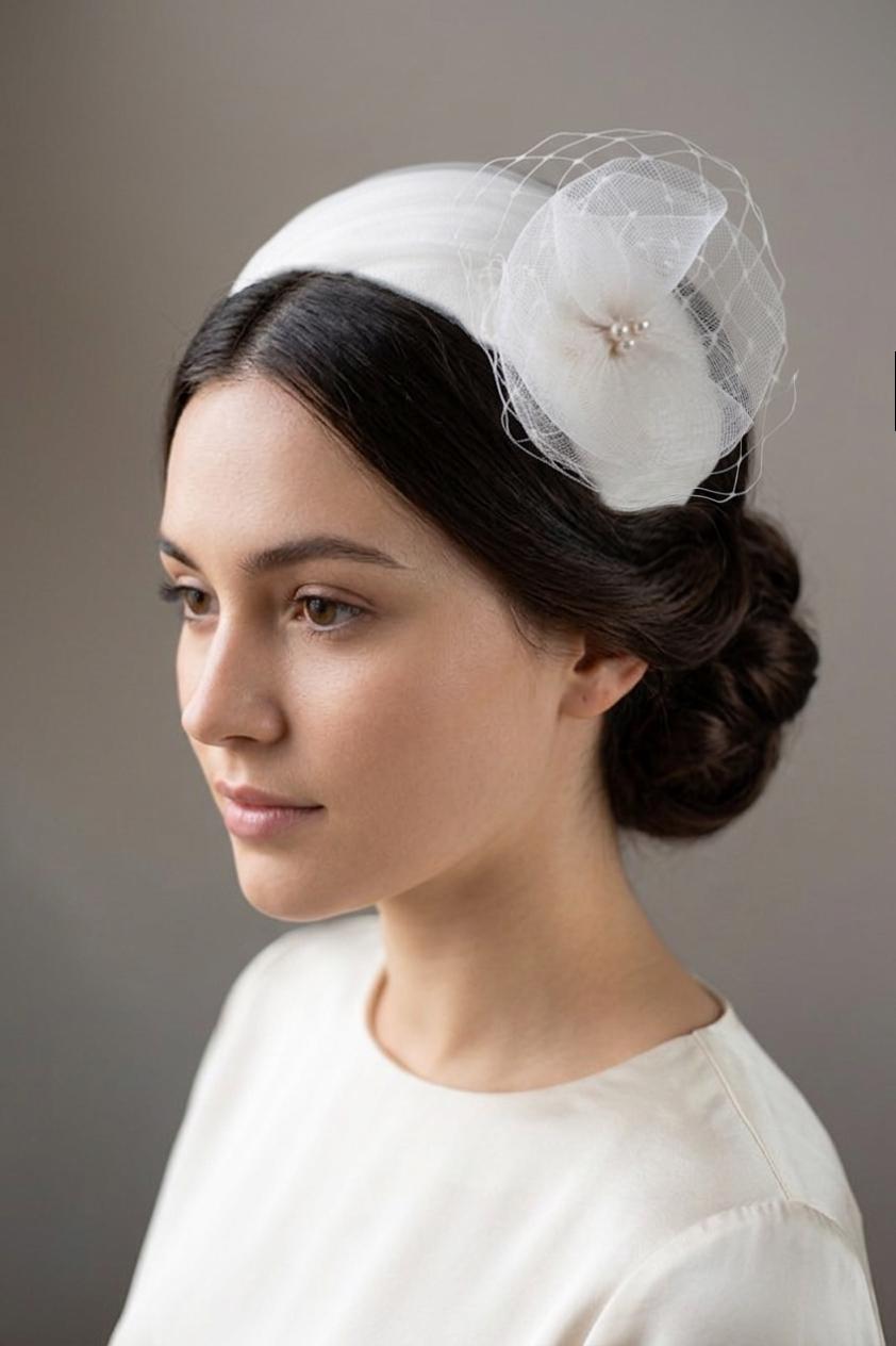 Vintage Bridal Half Hat Ivory Tulle, Wedding Cap and Crin Flower Swarovski Pearl, Grace Kelly Inspired Headpiece