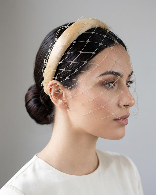 Silk Satin Headpiece with vintage Netting for Wedding guest, Formal Occasion veiled Silk Headband, Fascinator in gold beige