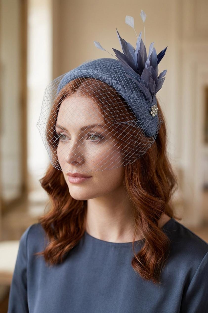 Steel Blue Moon Headband with Rare Vintage Netting Veil – Wedding Guest Wide Headpiece, Vintage Inspired Couture Fascinator