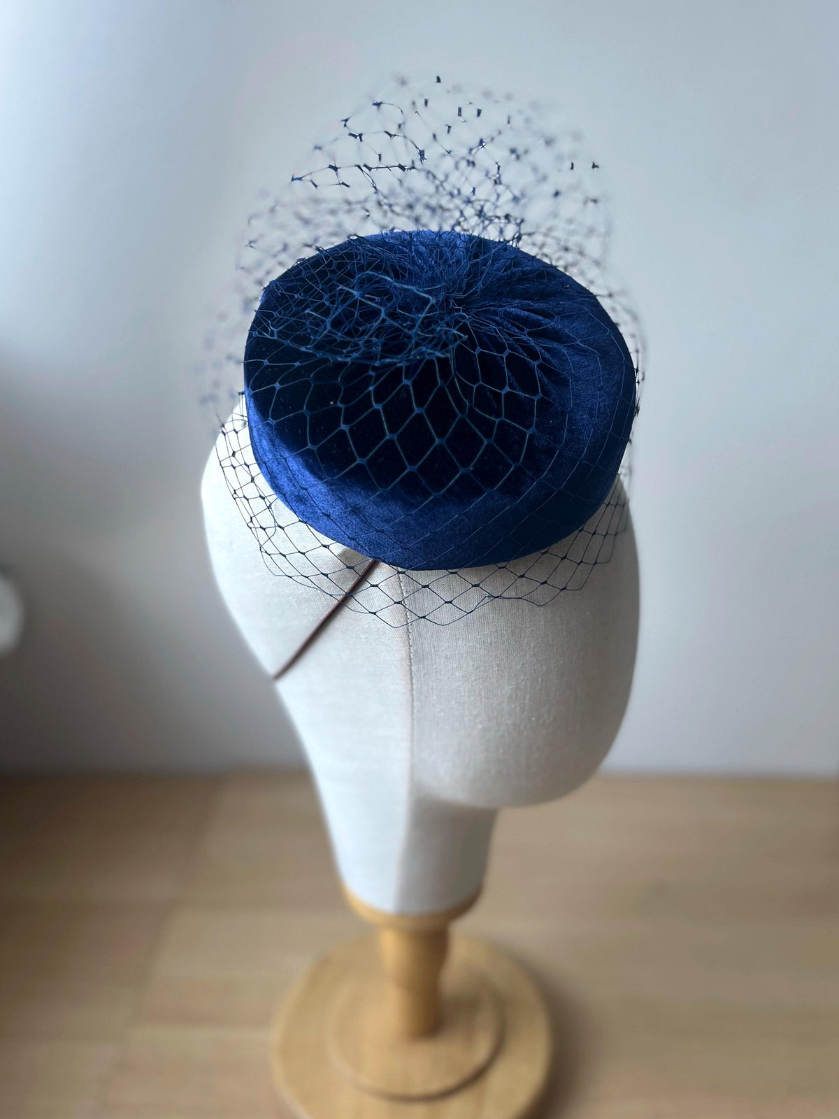 Dark Blue Silk Velvet Pillbox Hat with Birdcage Veil | Elegant Wedding Guest Hat | Mother of the Bride Hat | Couture Occasion Headpiece