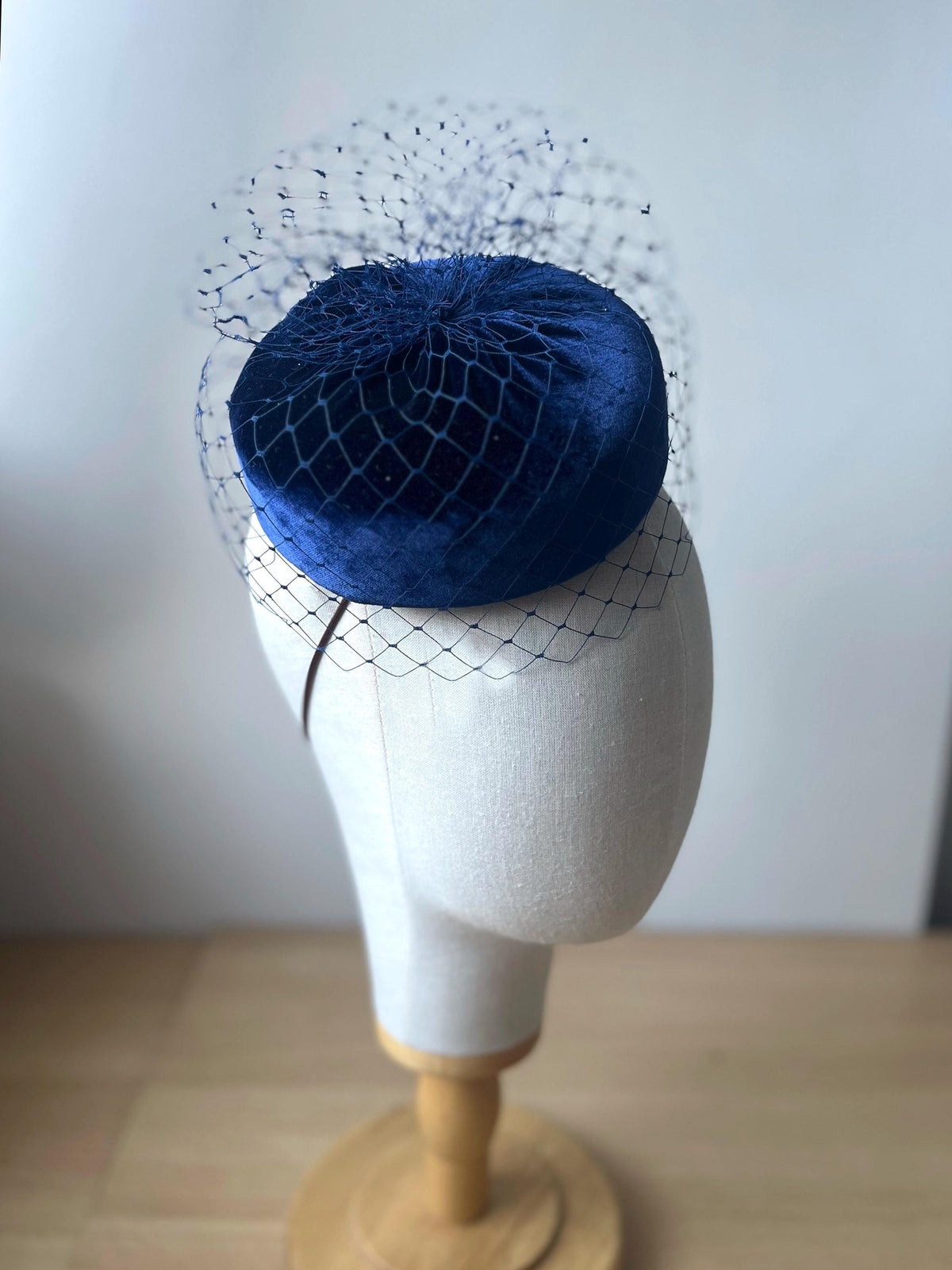Dark Blue Silk Velvet Pillbox Hat with Birdcage Veil | Elegant Wedding Guest Hat | Mother of the Bride Hat | Couture Occasion Headpiece