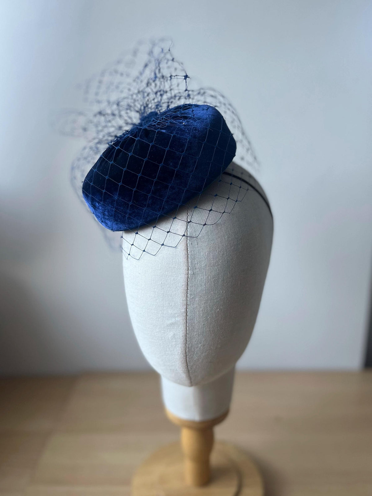 Dark Blue Silk Velvet Pillbox Hat with Birdcage Veil | Elegant Wedding Guest Hat | Mother of the Bride Hat | Couture Occasion Headpiece