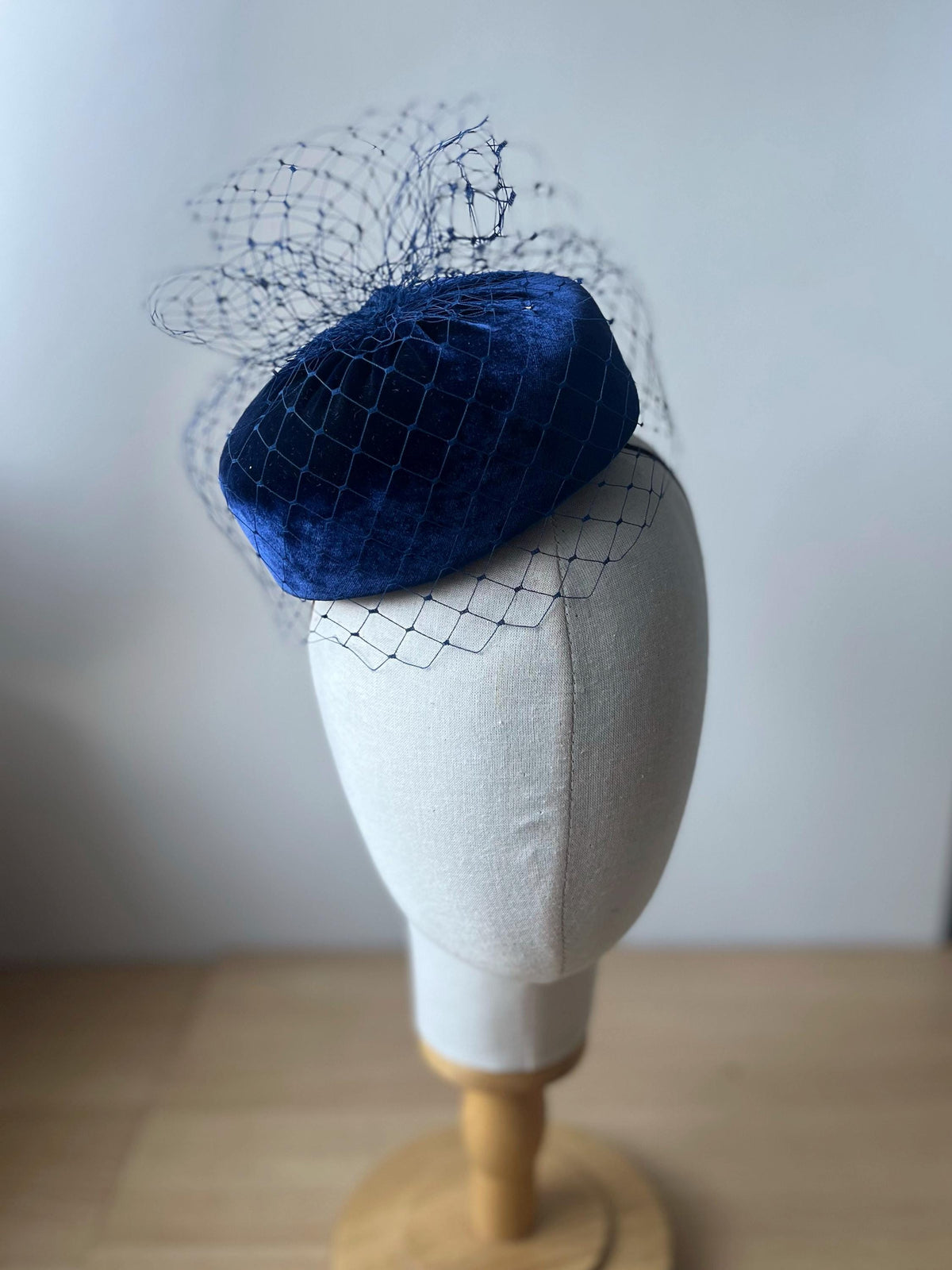 Dark Blue Silk Velvet Pillbox Hat with Birdcage Veil | Elegant Wedding Guest Hat | Mother of the Bride Hat | Couture Occasion Headpiece