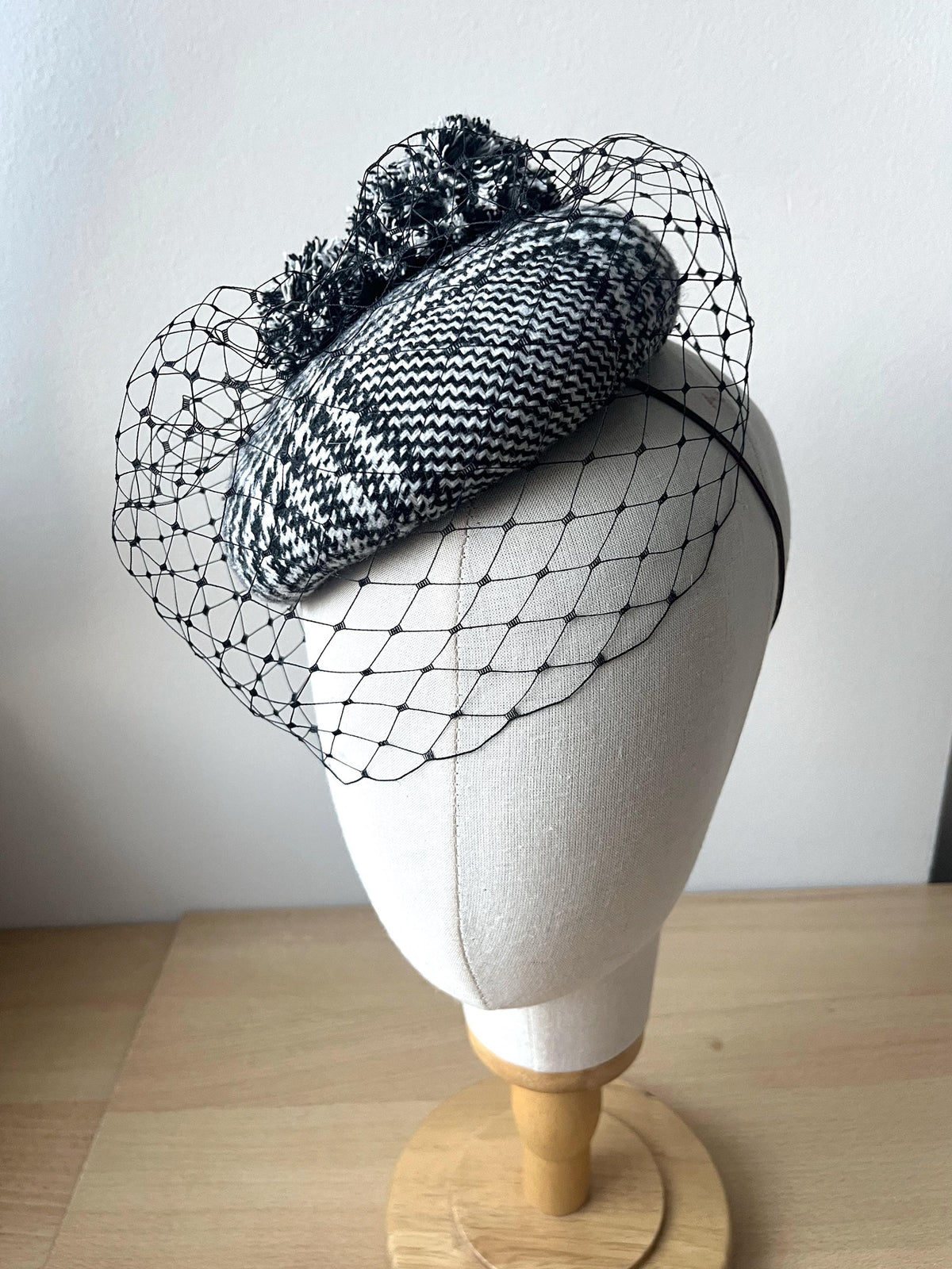 Black & White houndstooth Tweed Pillbox Hat with Pom Poms and Birdcage – Elegant Winter Hat, Formal Occasion Hat, Millinery Headpiece