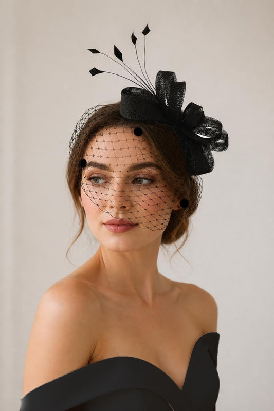 Black Feather Fascinator with Short Dotted Birdcage Veil, Vintage Inspired Fascinator, Mourning Veil, Formal Occasion Hat