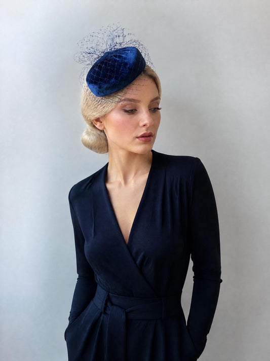 Dark Blue Silk Velvet Pillbox Hat with Birdcage Veil | Elegant Wedding Guest Hat | Mother of the Bride Hat | Couture Occasion Headpiece