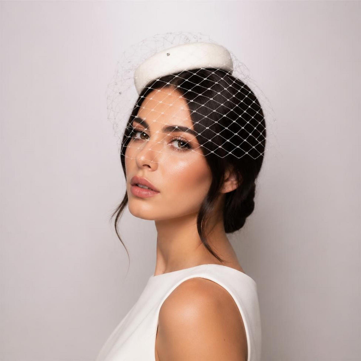 Classic Pillbox Hat for City Hall Wedding, Small Hat with Rhinestone Birdcage Veil, Winter Wedding Headpiece