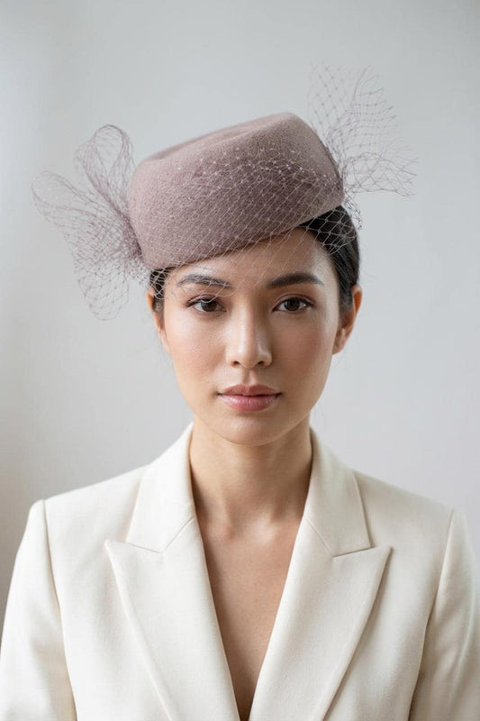 Taupe Pillbox with fine netting, elegant winter beret hat, Fashion Premium Felt Hat, Couture Millinery Headpiece