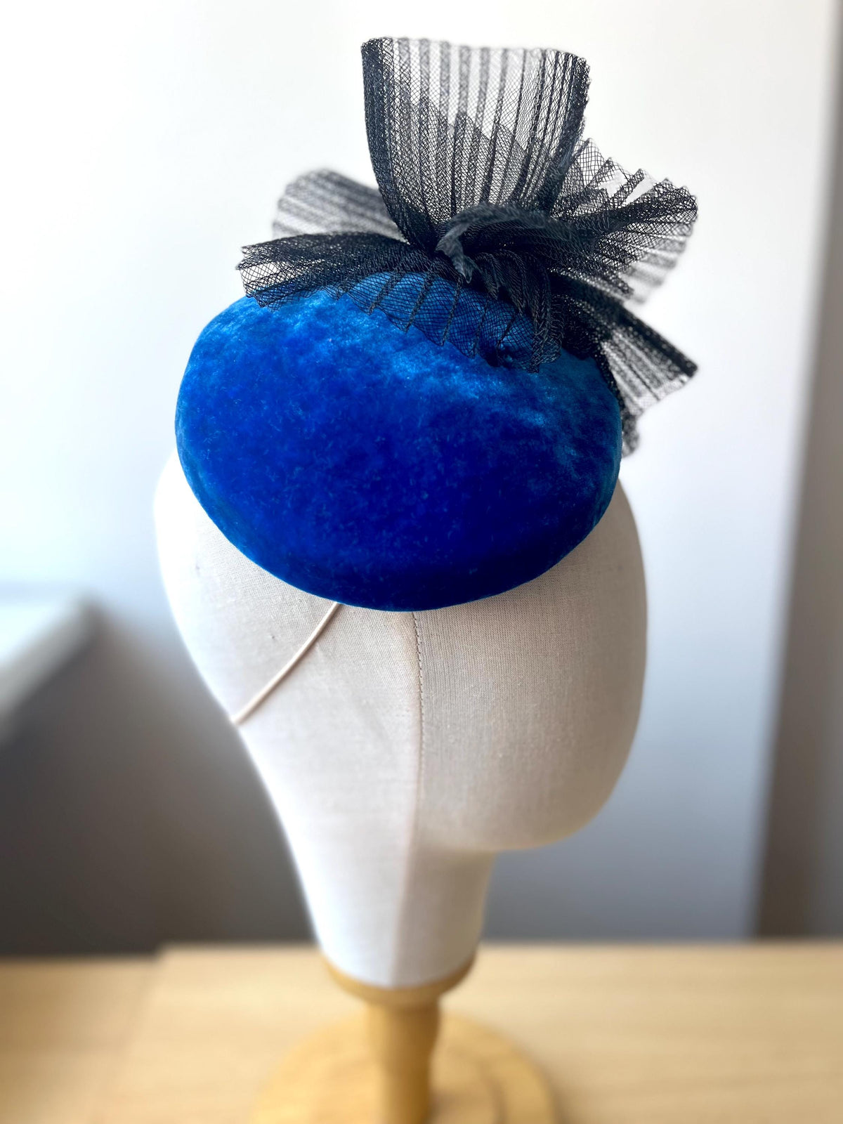 Mother of the Bride Hat, Electric Blue Silk Velvet Pillbox Hat, Blue Wedding Headpiece, Crinoline Trim, Wedding Guest Hat, Fascinator