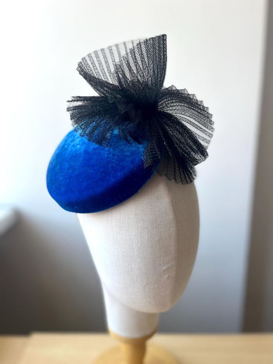 Mother of the Bride Hat, Electric Blue Silk Velvet Pillbox Hat, Blue Wedding Headpiece, Crinoline Trim, Wedding Guest Hat, Fascinator