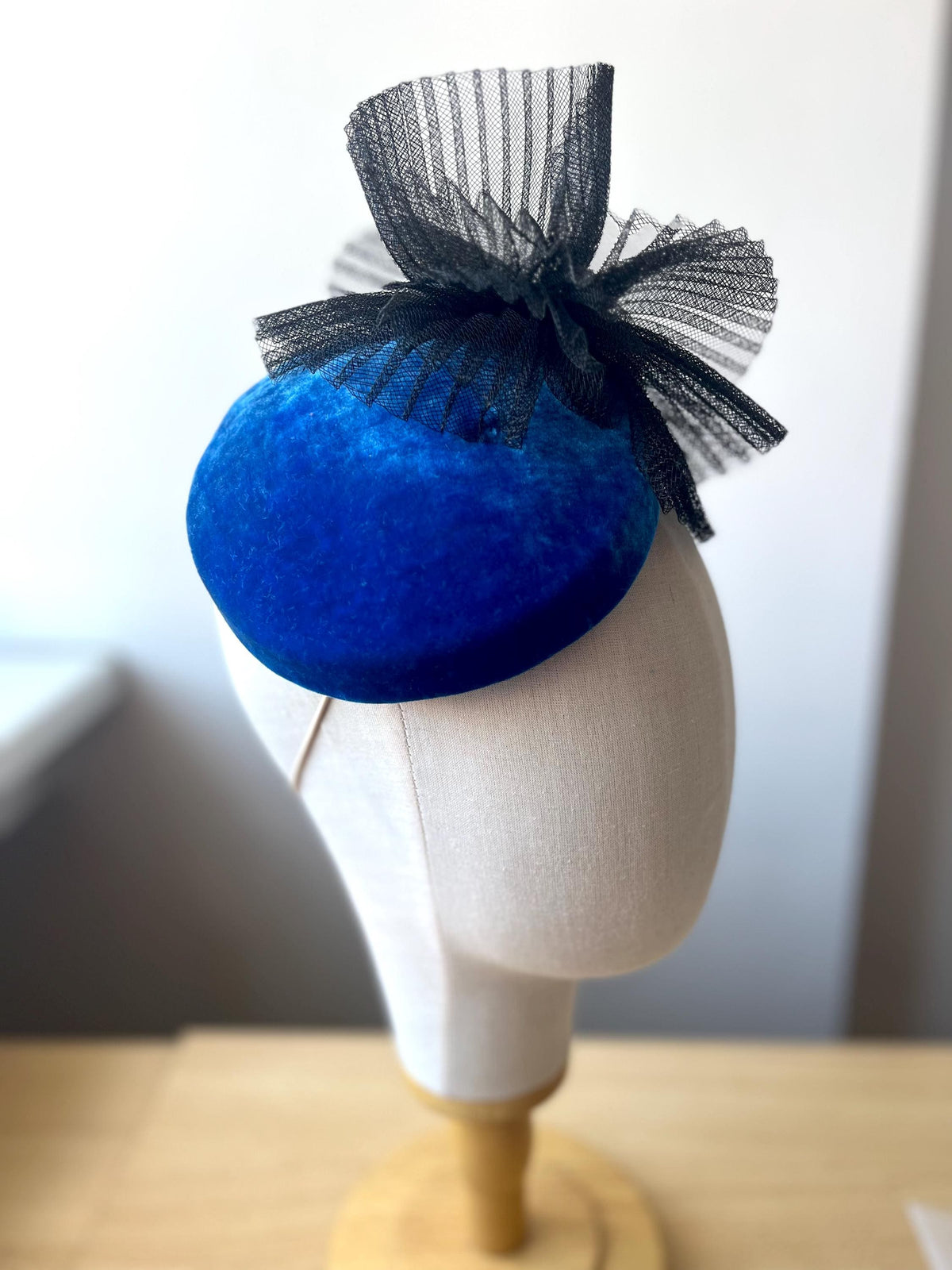 Mother of the Bride Hat, Electric Blue Silk Velvet Pillbox Hat, Blue Wedding Headpiece, Crinoline Trim, Wedding Guest Hat, Fascinator