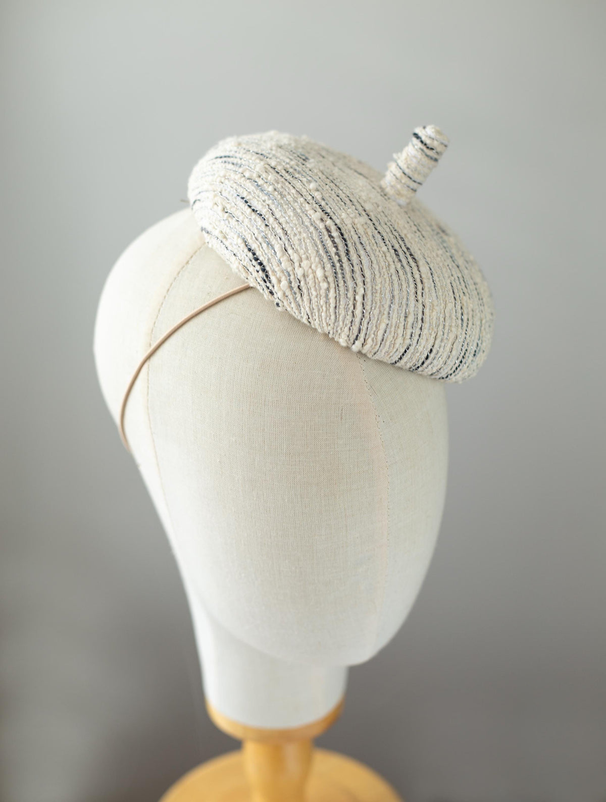 Ivory & Grey Tweed Button Hat, Cotton Tweed Beret Fascinator, Autumn Winter Couture Millinery Headpiece, Elegant Small Formal Hat for Women