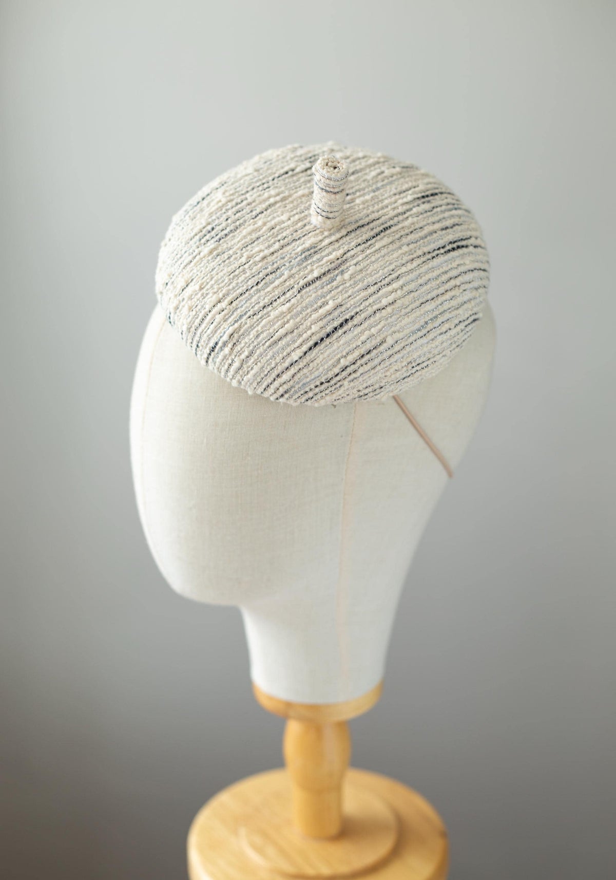 Ivory & Grey Tweed Button Hat, Cotton Tweed Beret Fascinator, Autumn Winter Couture Millinery Headpiece, Elegant Small Formal Hat for Women