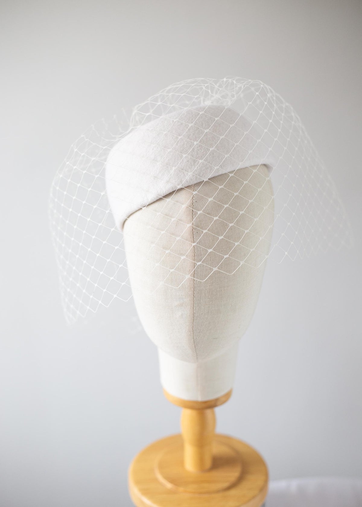 Winter Bridal Pillbox Hat with Wide Veil | 1960s Winter Wedding Headpiece | Ivory Couture Hat | Retro Bride