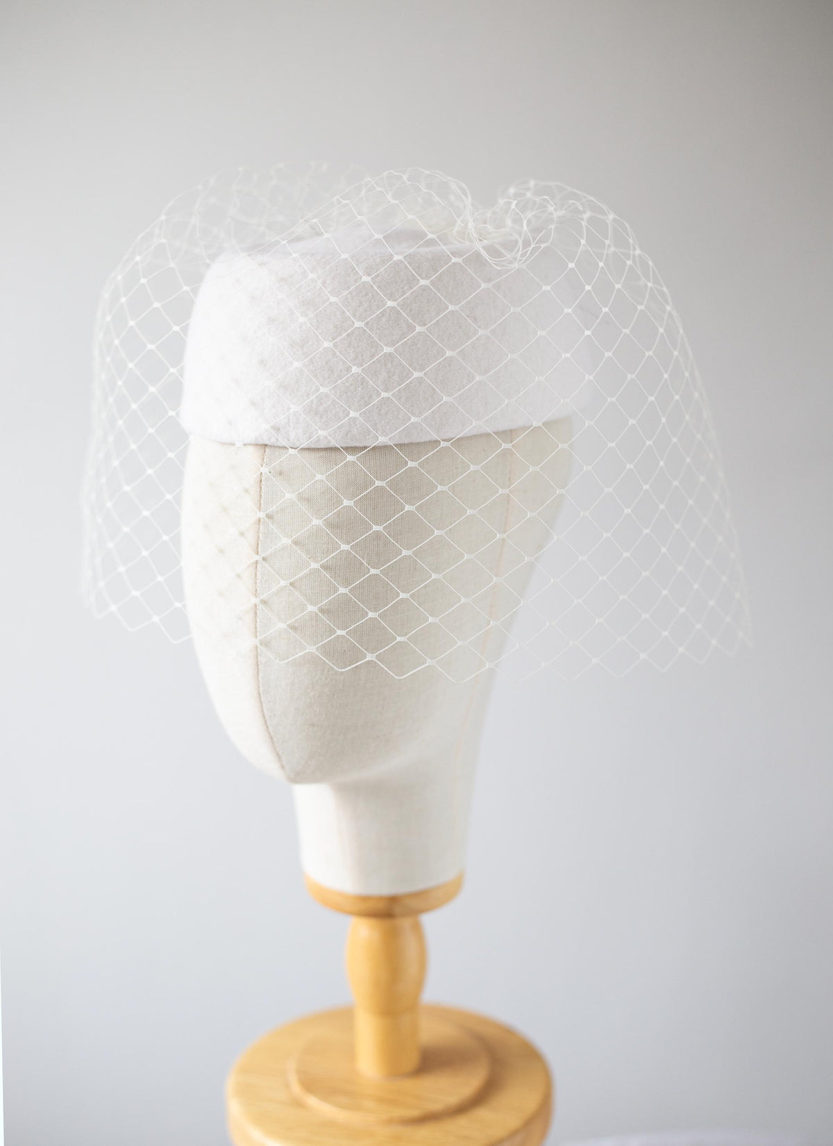 Winter Bridal Pillbox Hat with Wide Veil | 1960s Winter Wedding Headpiece | Ivory Couture Hat | Retro Bride