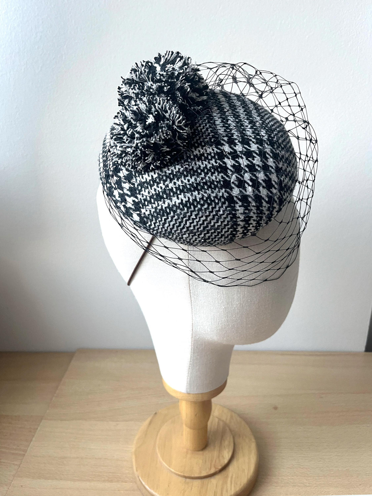 Black & White houndstooth Tweed Pillbox Hat with Pom Poms and Birdcage – Elegant Winter Hat, Formal Occasion Hat, Millinery Headpiece