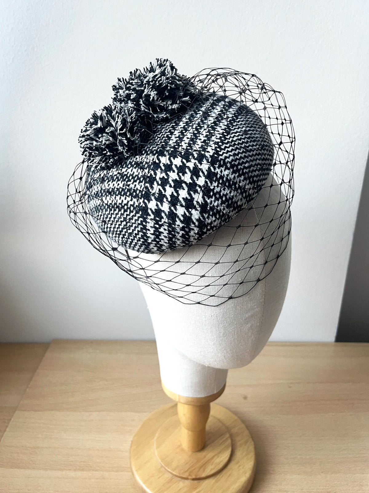 Black & White houndstooth Tweed Pillbox Hat with Pom Poms and Birdcage – Elegant Winter Hat, Formal Occasion Hat, Millinery Headpiece