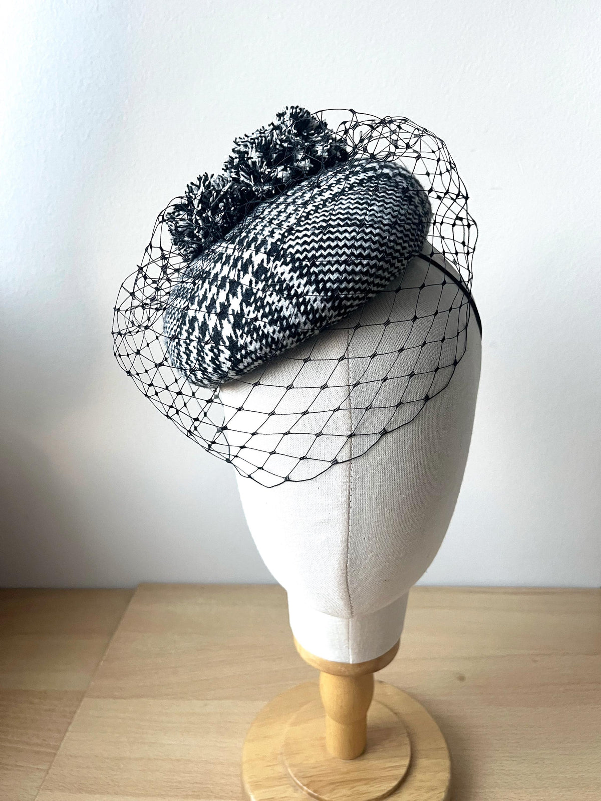 Black & White houndstooth Tweed Pillbox Hat with Pom Poms and Birdcage – Elegant Winter Hat, Formal Occasion Hat, Millinery Headpiece