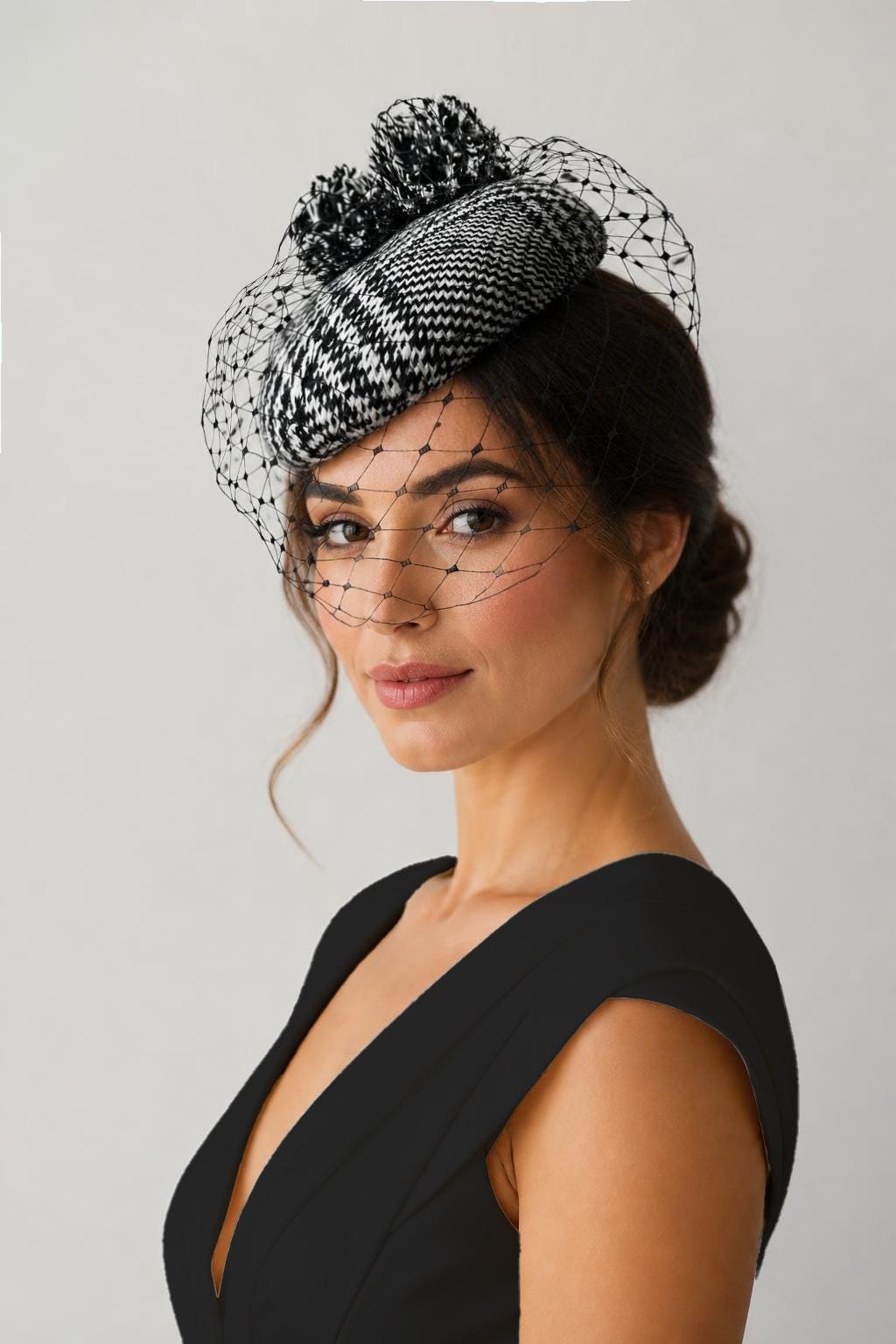 Black & White houndstooth Tweed Pillbox Hat with Pom Poms and Birdcage – Elegant Winter Hat, Formal Occasion Hat, Millinery Headpiece