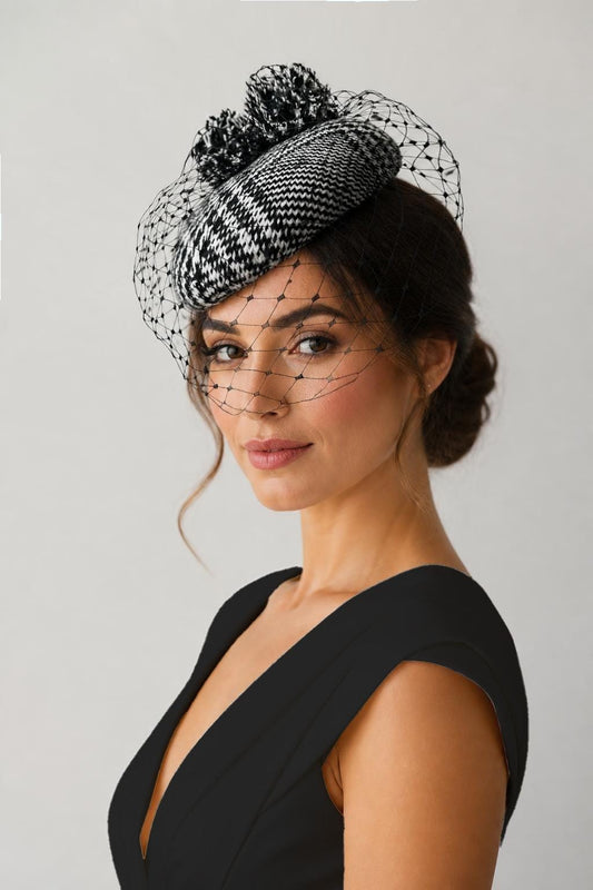 Black & White houndstooth Tweed Pillbox Hat with Pom Poms and Birdcage – Elegant Winter Hat, Formal Occasion Hat, Millinery Headpiece