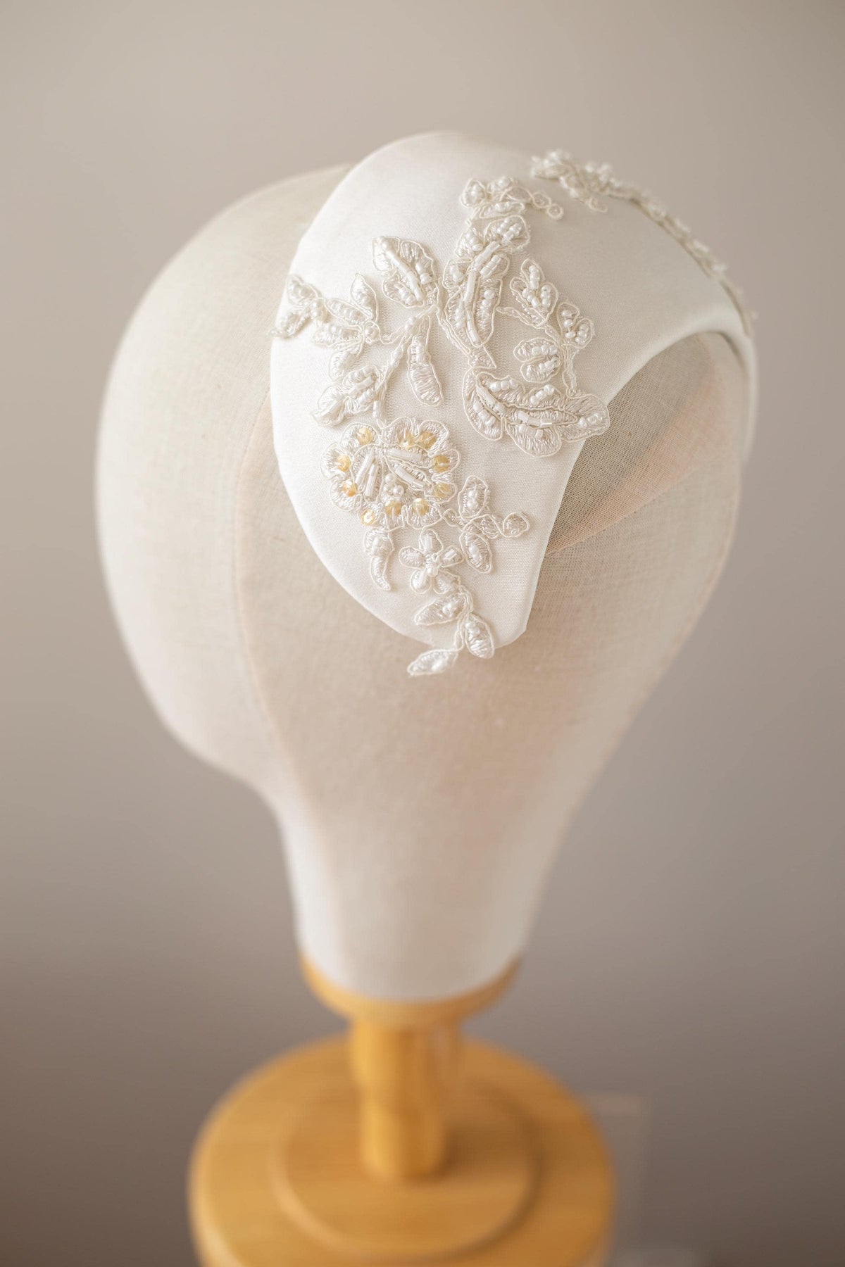 Beaded Lace Wedding Cap Headpiece, Matte Satin Bridal Half Hat, Ivory Bridal Headpiece, Vintage Inspired Wedding Hat