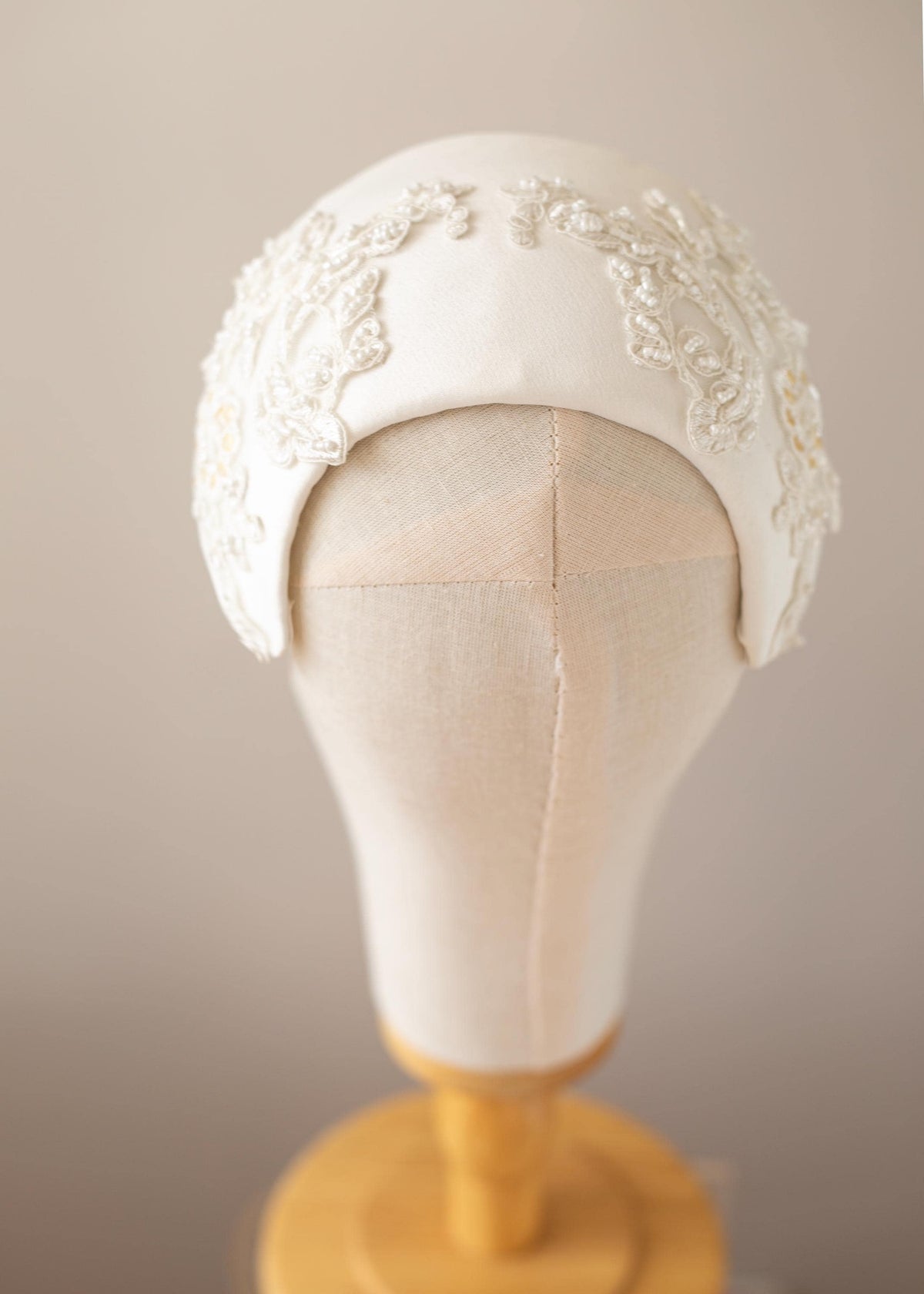 Beaded Lace Wedding Cap Headpiece, Matte Satin Bridal Half Hat, Ivory Bridal Headpiece, Vintage Inspired Wedding Hat