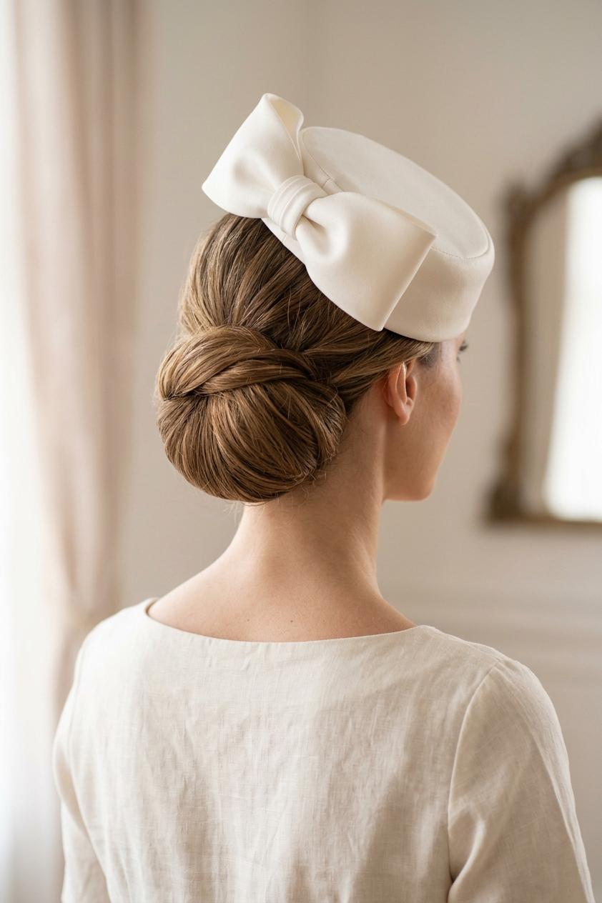 Ivory Satin Pillbox Hat with Detachable Birdcage Veil | Modern Bridal Hat | City Hall Wedding | Fashion-Forward Bridal Headpiece