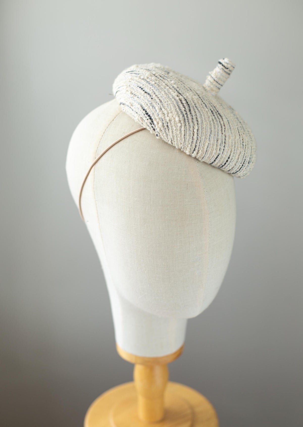 Ivory & Grey Tweed Button Hat, Cotton Tweed Beret Fascinator, Autumn Winter Couture Millinery Headpiece, Elegant Small Formal Hat for Women