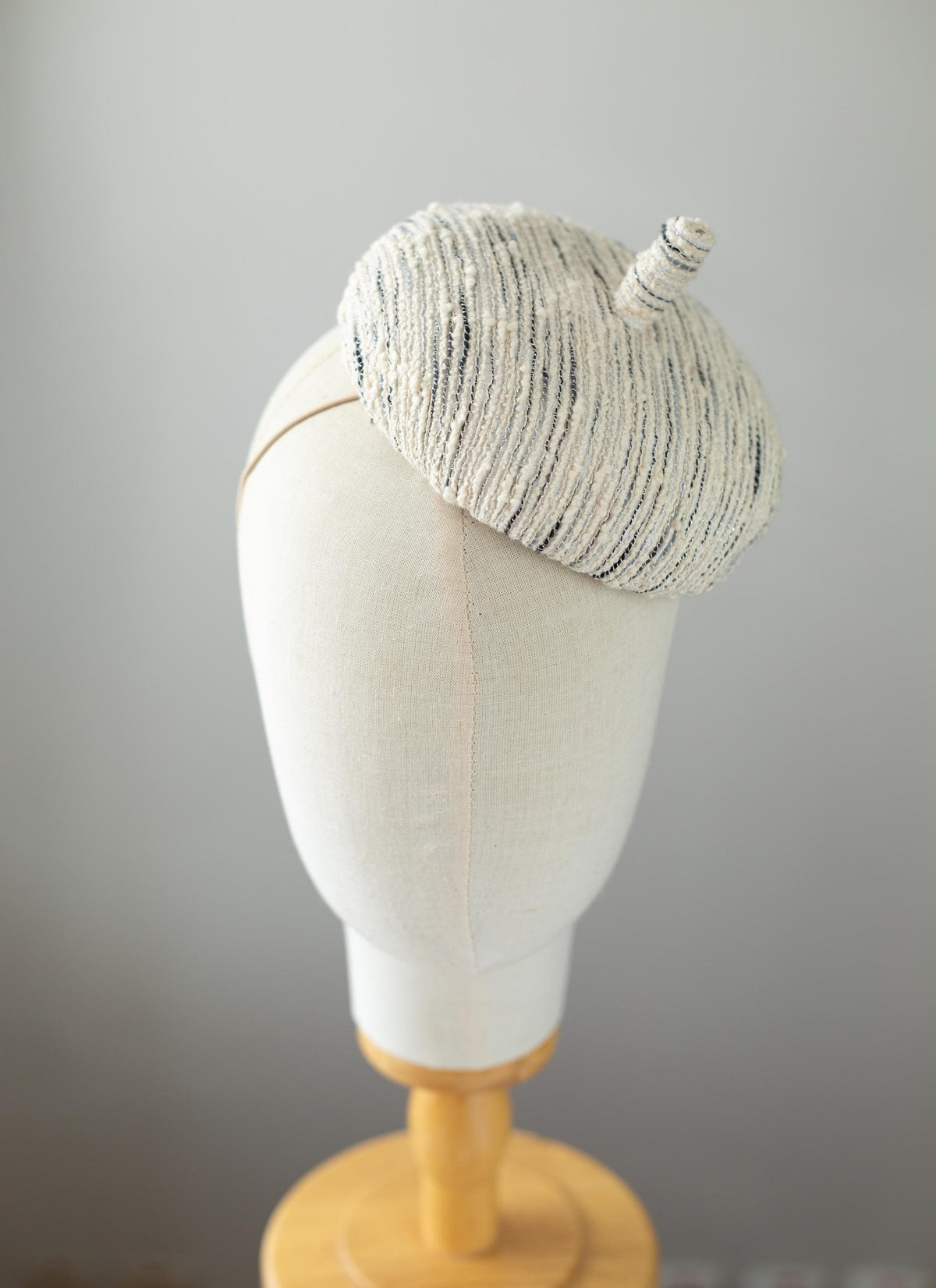 Ivory & Grey Tweed Button Hat, Cotton Tweed Beret Fascinator, Autumn Winter Couture Millinery Headpiece, Elegant Small Formal Hat for Women