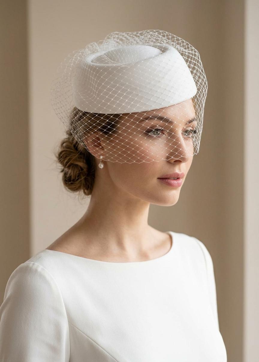 Minimalist Matte Satin Pillbox Wedding Hat with Birdcage | Jackie Kennedy Inspired Bridal Hat | Civil Wedding Headpiece | Couture Fascinator