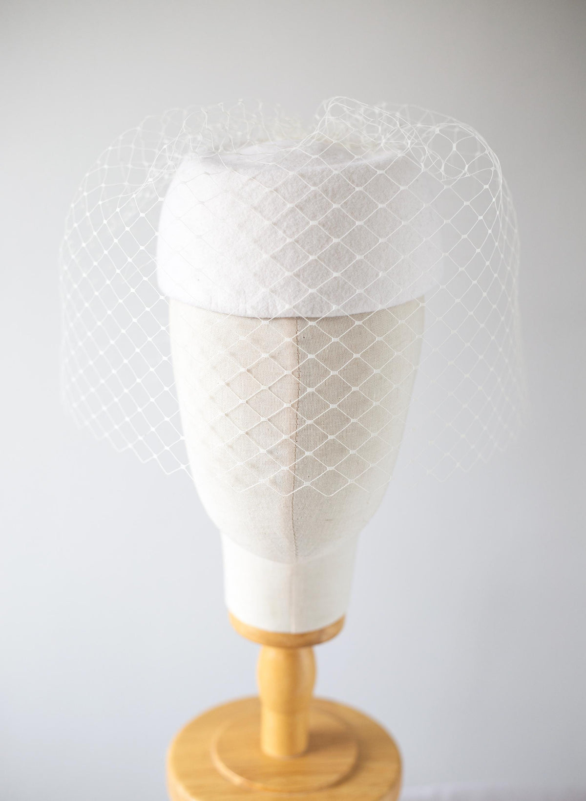 Winter Bridal Pillbox Hat with Wide Veil | 1960s Winter Wedding Headpiece | Ivory Couture Hat | Retro Bride